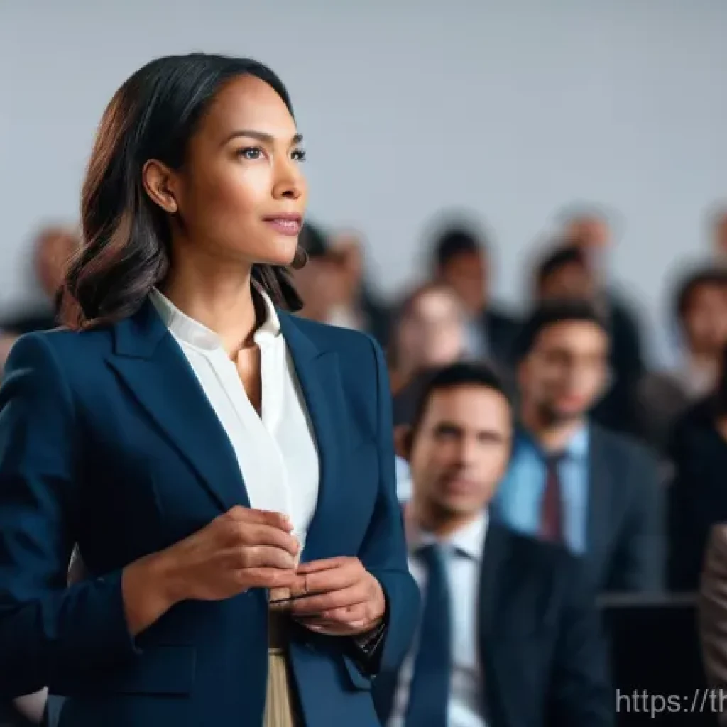 즉흥 스피치에서의 주제 전환 기술 - **Prompt:** A dynamic, diverse professional speaker in their late 30s, dressed in a stylish business...