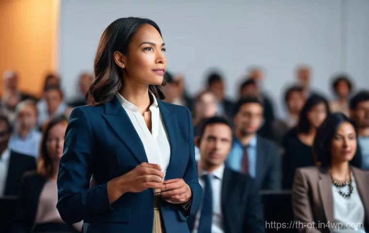 즉흥 스피치에서의 주제 전환 기술 - **Prompt:** A dynamic, diverse professional speaker in their late 30s, dressed in a stylish business...
