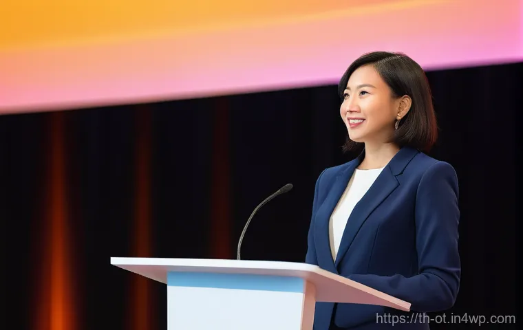 즉흥 스피치에서 활용할 수 있는 질문 기법 - **A Diverse Speaker Exuding Confidence on Stage:**
    "A photorealistic image of a professional, di...