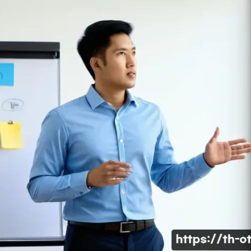 즉흥 스피치에서의 복잡한 아이디어 간소화 - A professional Thai man in his 30s standing confidently in a modern office meeting room, delivering ...