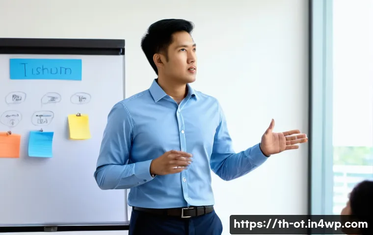 즉흥 스피치에서의 복잡한 아이디어 간소화 - A professional Thai man in his 30s standing confidently in a modern office meeting room, delivering ...