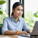 즉흥 스피치의 반복 훈련 방법 - A confident young Thai woman practicing a speech in a modern home office, sitting at a desk with a l...