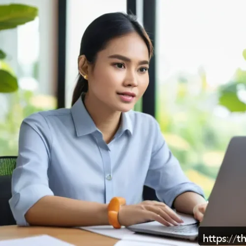 즉흥 스피치의 반복 훈련 방법 - A confident young Thai woman practicing a speech in a modern home office, sitting at a desk with a l...