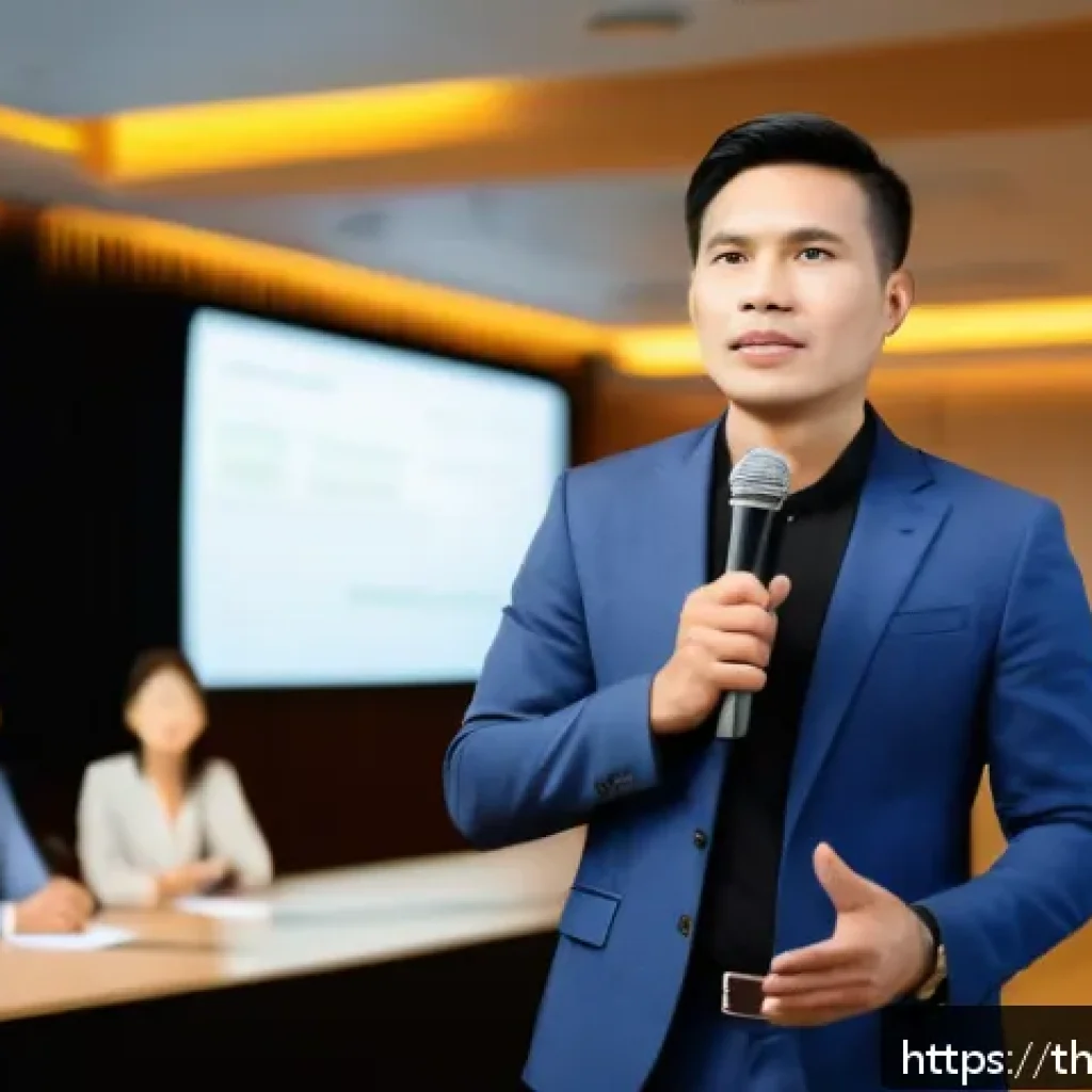 즉흥 스피치의 긴장감 관리 전략 - A confident Thai public speaker standing on a modern stage in a well-lit conference room, wearing sm...