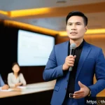 즉흥 스피치의 긴장감 관리 전략 - A confident Thai public speaker standing on a modern stage in a well-lit conference room, wearing sm...