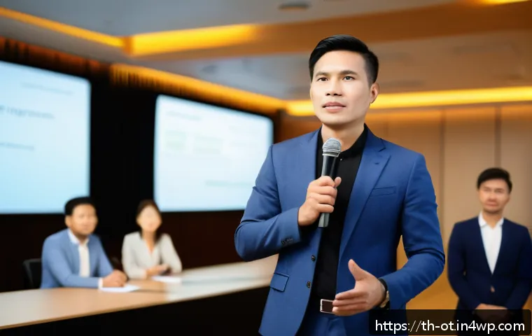즉흥 스피치의 긴장감 관리 전략 - A confident Thai public speaker standing on a modern stage in a well-lit conference room, wearing sm...
