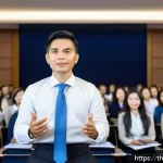 즉흥 스피치에서의 반대 의견 처리 전략 - A confident Thai public speaker standing on a stage in a modern conference hall, wearing formal busi...