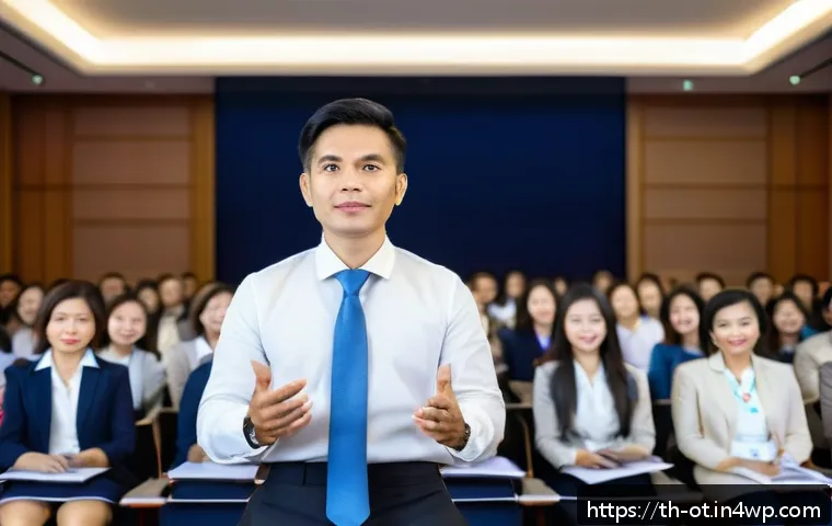 즉흥 스피치에서의 반대 의견 처리 전략 - A confident Thai public speaker standing on a stage in a modern conference hall, wearing formal busi...