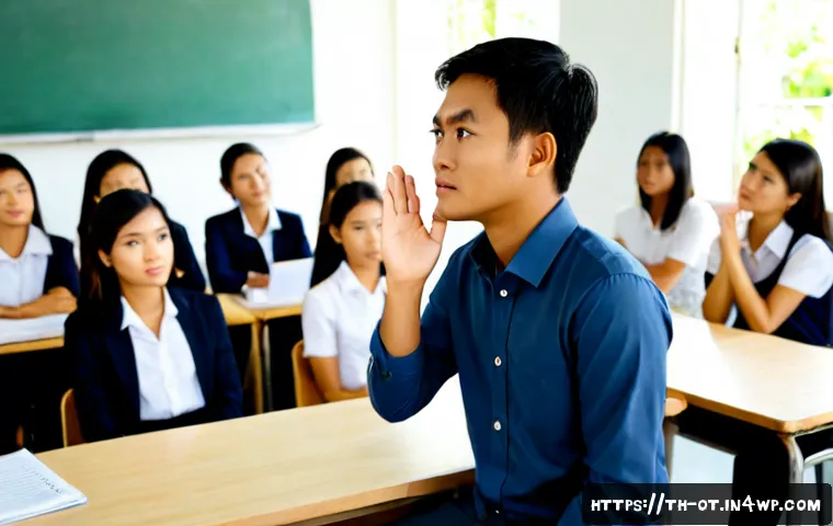 Home 17 즉흥 스피치에서의 비판적인 사고 기술 - Photorealistic Thai university student delivering an impromptu speech in a bright modern classroom, ...